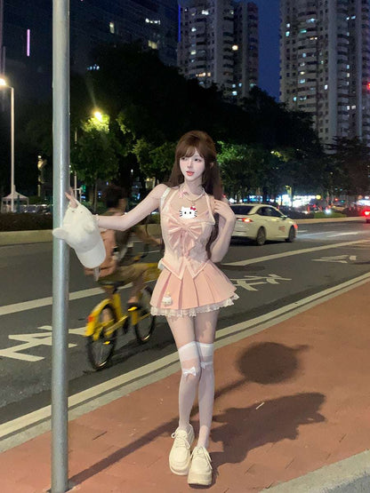 Creamy Cute Kitty School Days Pink Sailor Top & Skirt Two Piece Set