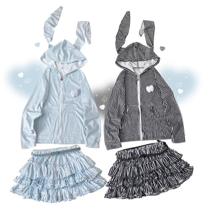 Kitten Bullet Heavenly Hospital Striped Blue Black Rabbit Ears Hoodie Skirt Two Piece Set