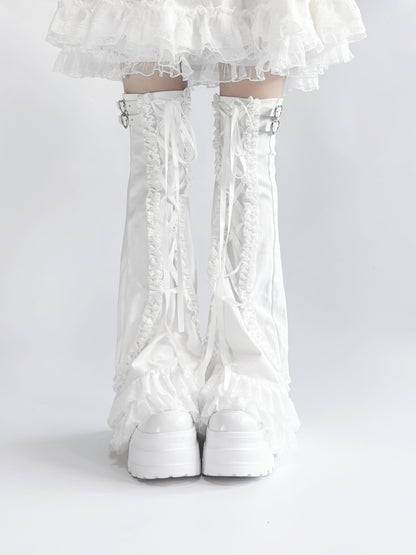 White lace-up leg warmers with a white background