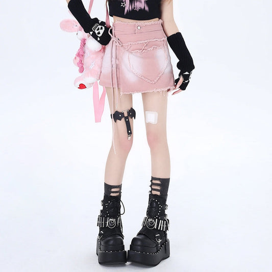 Crazy Girl Spicy Heart Y2K Pink Black Denim Short Skirt