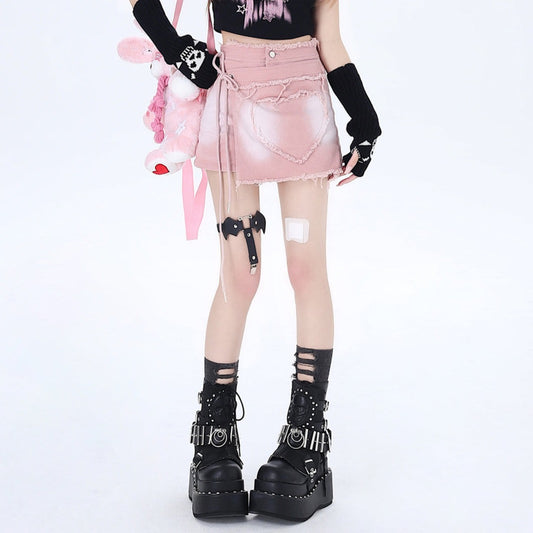 Crazy Girl Spicy Heart Y2K Pink Black Denim Short Skirt - Sugarplum Store