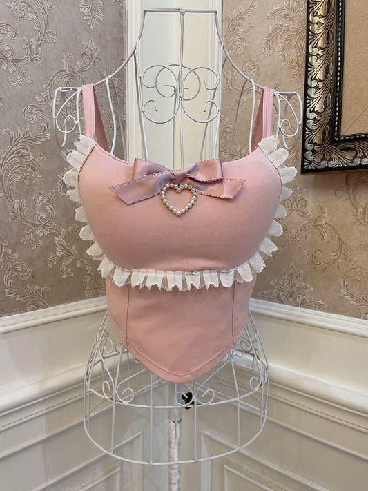 Sweetheart Princess Lace Frills Pink White Camisole Top - Sugarplum Store