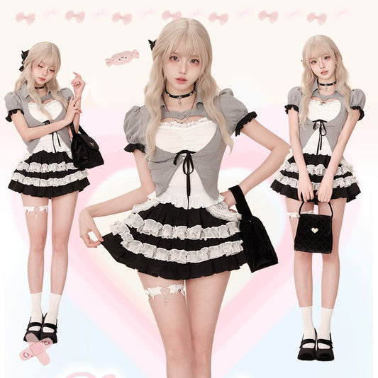 Serendipity Love Letter White Camisole & Gray Jacket & Black Skirt Three Piece Set - Sugarplum Store