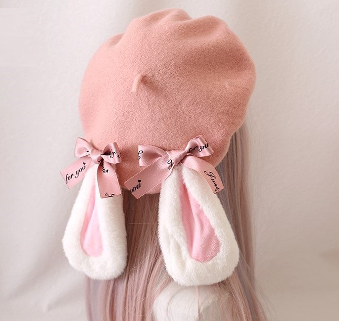 Winter Lolita Pink & Brown Lop Rabbit Ears Cute Handmade Beret Hats