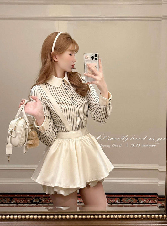 Creamy Sweet Black and White Striped Shirt & Suspender White Shorts Two Piece Set