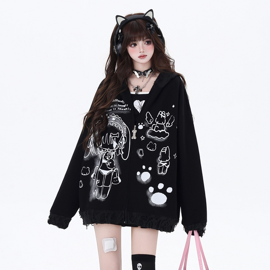 Crazy Girl Sad Anime Girl Black White Rabbit Ears Jacket Hoodie - Sugarplum Store