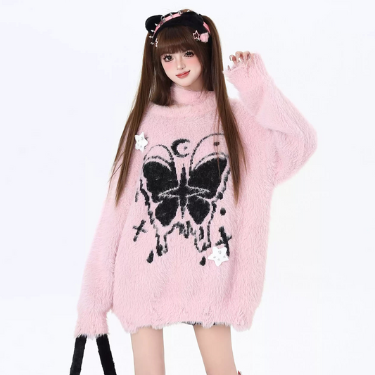 Crazy Girl Moonlight Butterfly Pink Black Fuzzy Sweater - Sugarplum Store