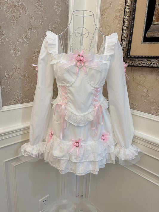 Sweetheart Princess Rose White Trumpet Sleeve Shirt & Mini Skirt Two Piece Set - Sugarplum Store