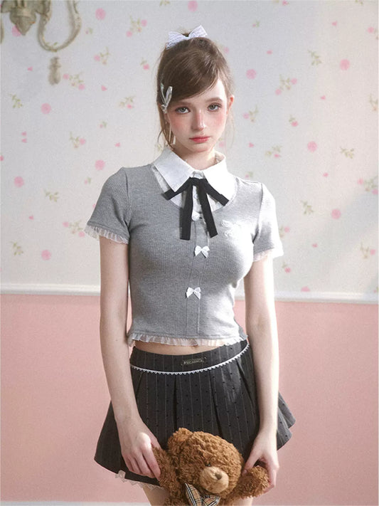 Young Eyes Polo Bow Black Gray Shirt Top - Sugarplum Store