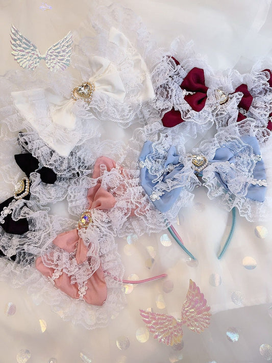 Sweetheart Princess Bow Lace Black Blue Pink Red White Headband Hairband Hair Accessories - Sugarplum Store