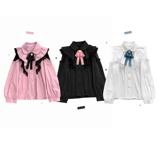 Kitten Bullet Jirai Kei Sweet Lace Ruffled Hollow Off Shoulder Pink Black White Shirt Blouse - Sugarplum Store