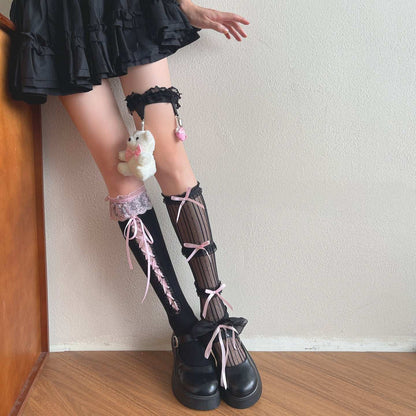 Noble Festival Pink Black Blue Red Lace Socks & Bear Garter