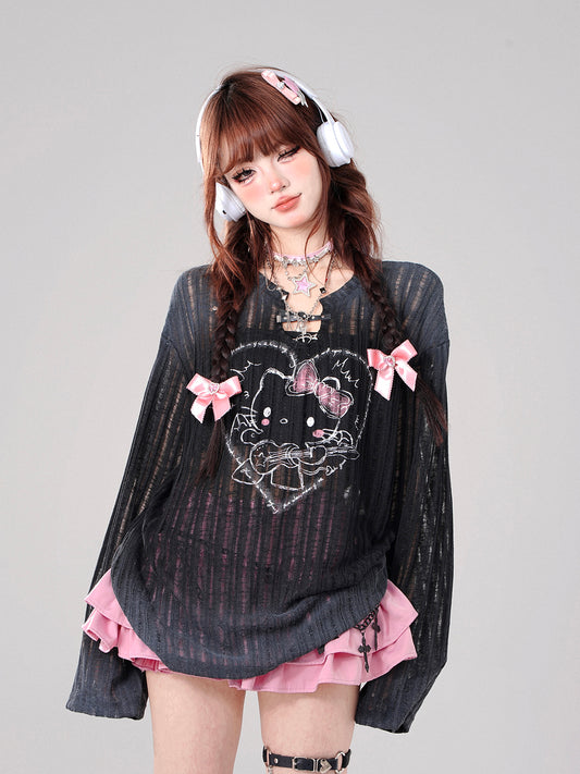 Young Eyes See Through Kitty Cat Black & White Top - Sugarplum Store