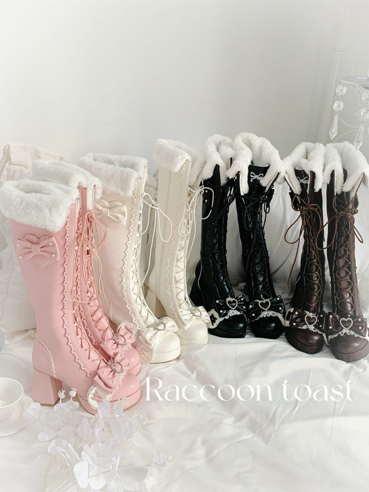 Set of colorful knee-high boots with decorative elements on a white background