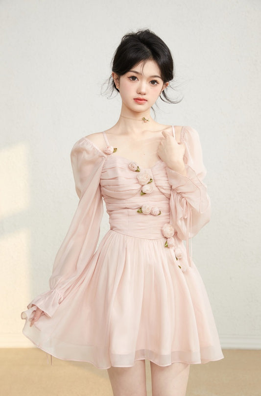 Acacia Sweet Rose Pink & White Beige Chiffon Dress