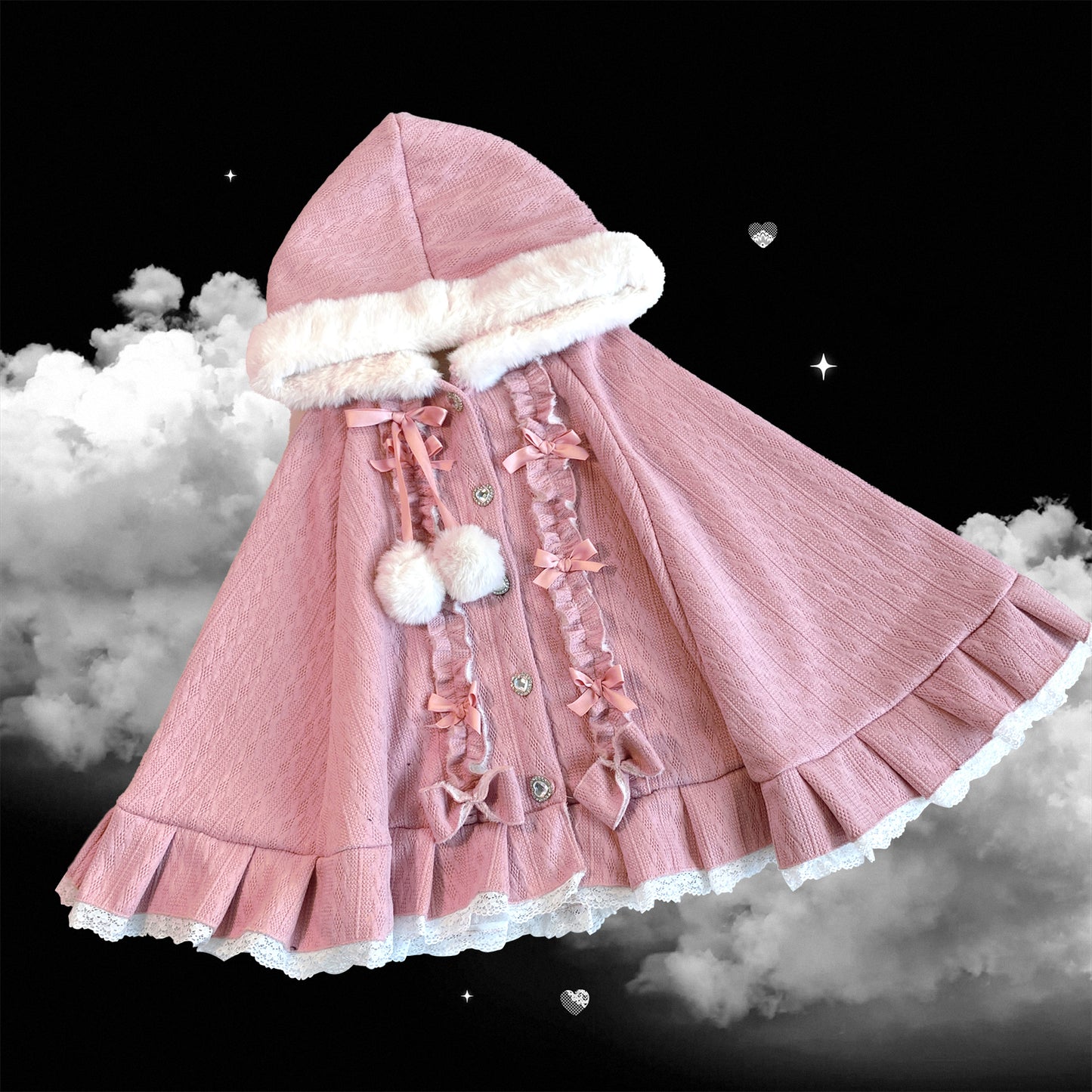 Pink hooded coat with white fur trim against a black background with clouds