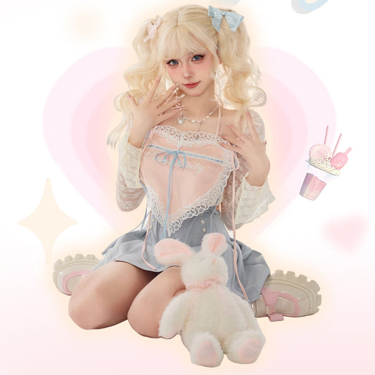 Serendipity Coquette Sheer Cardigan & Pink Heart Camisole & Blue Ribbon Mini Skirt Three Piece Set - Sugarplum Store