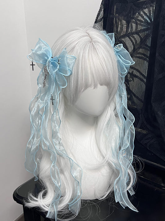 Idol Crystal Blue White Black Cross Lolita Ribbon Hair Clips Hair Accessories - Sugarplum Store