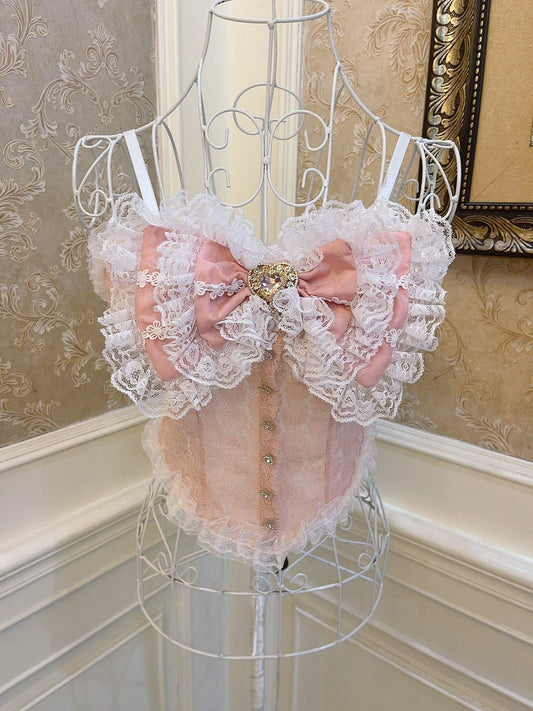 Sweetheart Princess Elegant Lace Heart Diamond Bow Black White Pink Yellow Camisole - Sugarplum Store