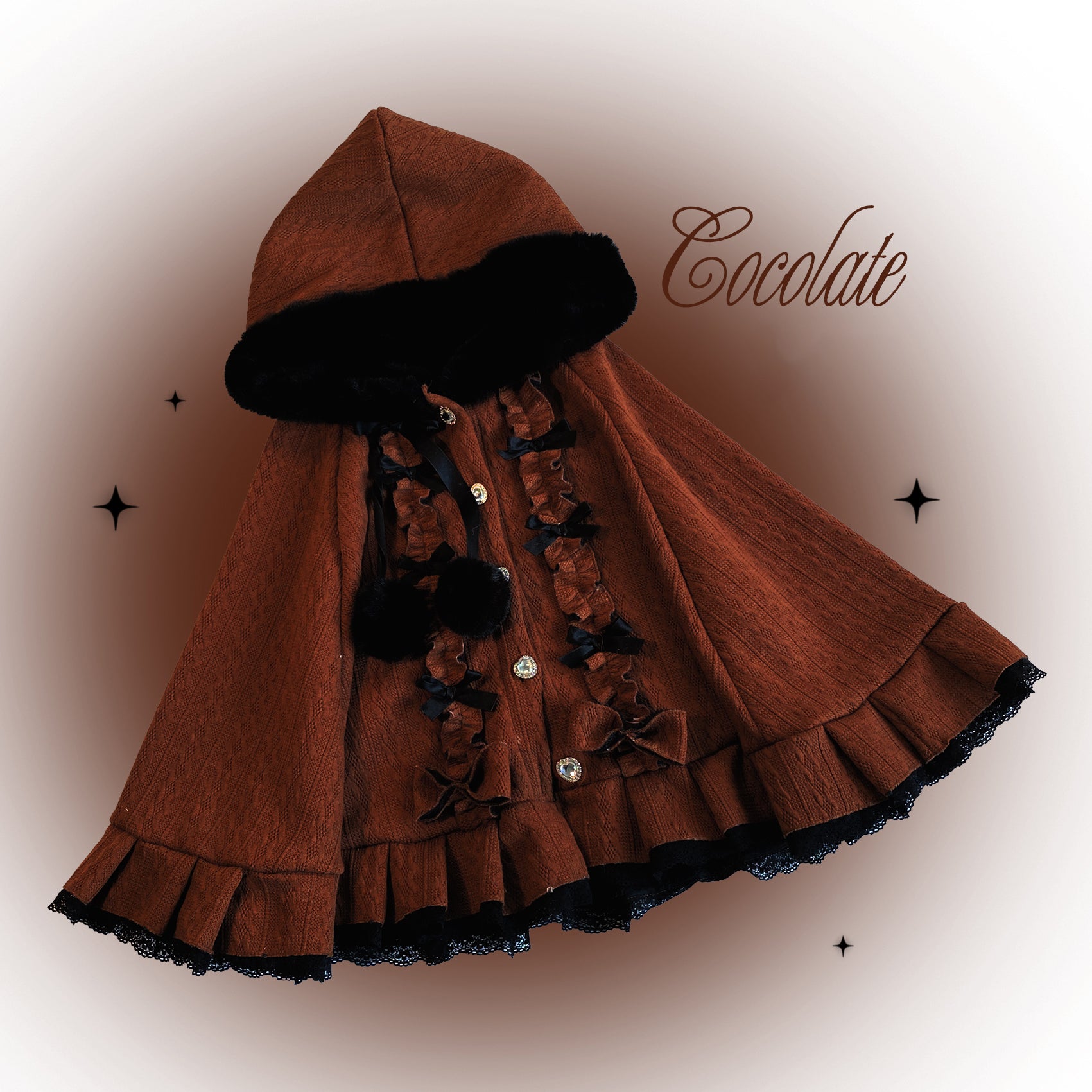 Brown hooded coat with black trim on a beige background