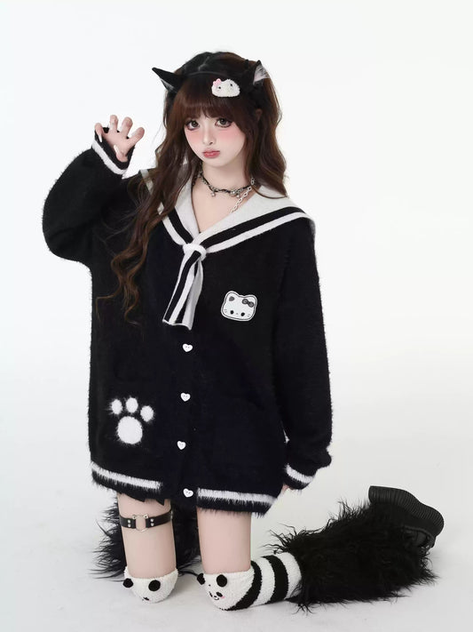 Crazy Girl Cat Diary Pink Black Knit Sweater Cardigan - Sugarplum Store