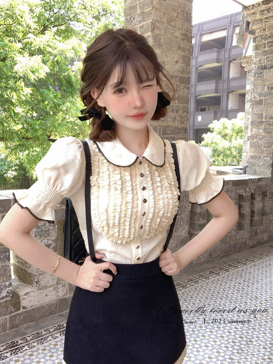 Creamy Sweet Doll Collar Lace Beige Blouse Shirt Black Mini Skirt Two Piece Set