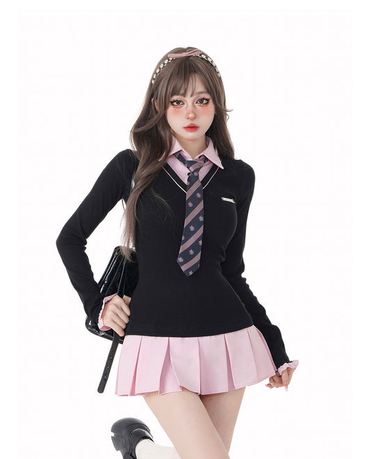 Young Eyes Academia High School Girl Black Pink Polo Collar Dress