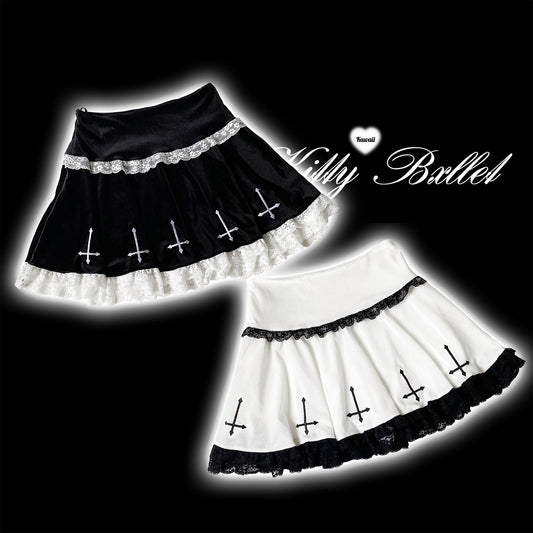 Kitten Bullet Jirai Kei Holy Cross Black White Velvet Skirt - Sugarplum Store
