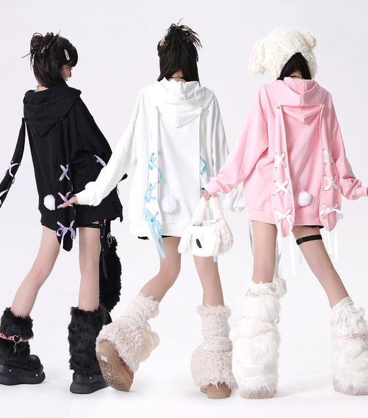 Young Eyes Rabbit Ears Detachable Ribbon Zippered Sweatshirt Hoodie - Sugarplum Store