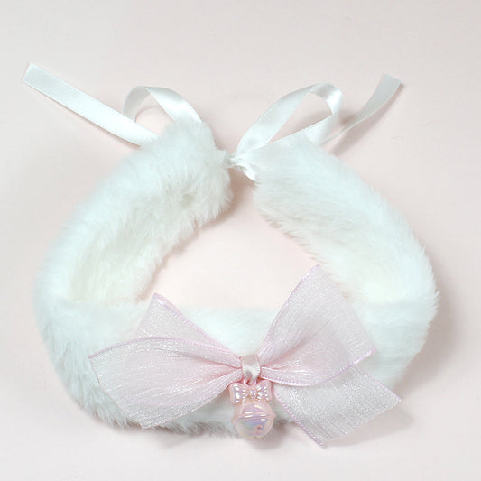 Candy Fairy White Plush Pink Bow Cat Neko Bell Collar Choker - Sugarplum Store