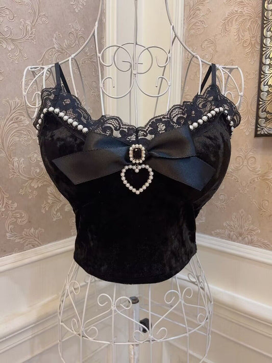Sweetheart Princess Pearl Lace Velvet Black White Camisole Top - Sugarplum Store