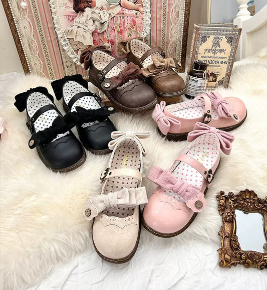 Puffy Sheep Lolita Teddy Bear Buckle Strap Brown Black Pink White Mary Jane Flat Shoes