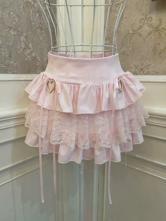 Sweetheart Princess Pink Lace Heart Mini Ruffle Skirt - Sugarplum Store