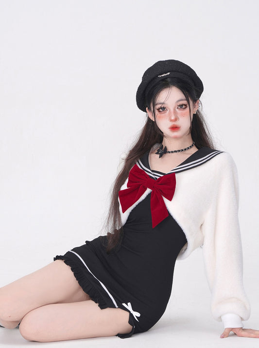 Young Eyes Black Bondycon Spaghetti Strap Dress & Plush White Sailor Collar Jacket Two Piece Set - Sugarplum Store