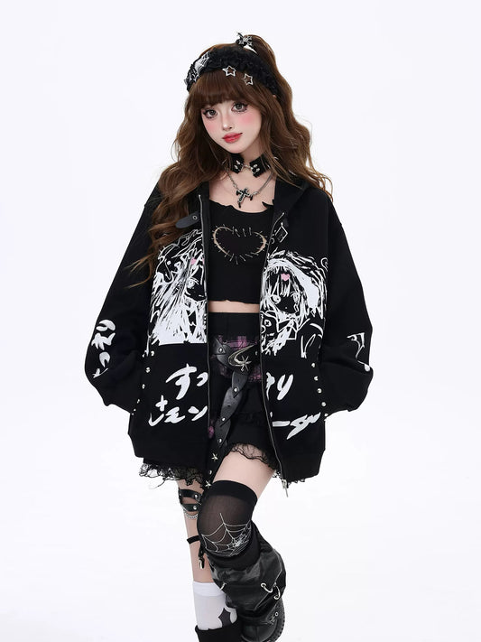 Crazy Girl Anime Girl Subculture Cream Black Jacket Hoodie - Sugarplum Store