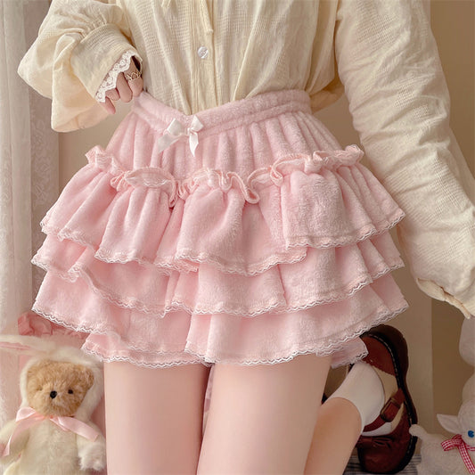 Plus Size Sweet Pink Lolita Bow Velvet Plush Pink Ruffled Bloomers Shorts