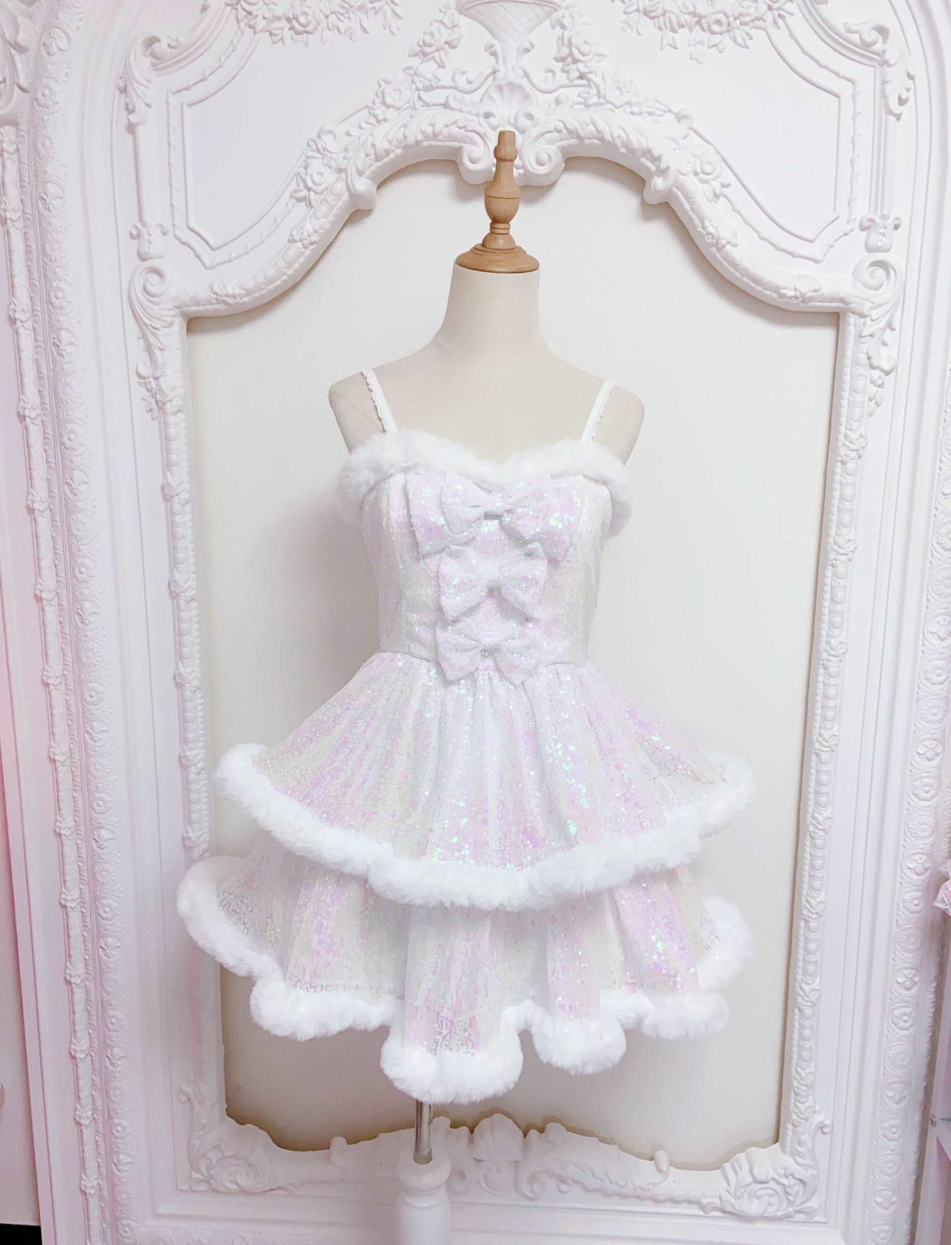 Candy Fairy Winter Princess Pink & White Ruffled Strap Dress & Hooded Cape Cloak Two Piece Set Cape / White