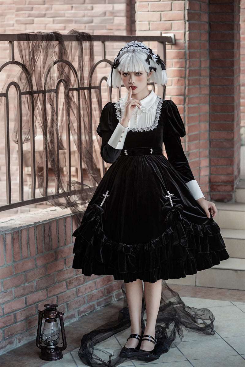 Cross Hymn Black Gothic Lolita Long Sleeve Velvet Dress L Cross Hymn Black Gothic Lolita Long Sleeve Velvet Dress L