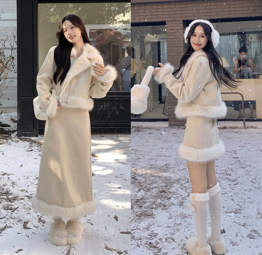 Elegant Chic Beige Fur Winter Jacket & Skirt Two Piece Set