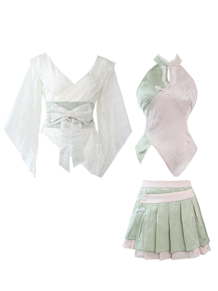 Serendipity Mianfu Hanfu Cream Kimono Top & Blue Skirt Two Piece Set