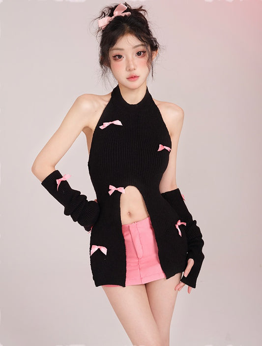 Lucia Knit Black Coquette Bow Turtleneck Sweater Top & Pink Mini Skirt Two Piece Set