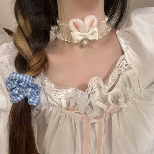 Sweet Cute Lolita White Rabbit Bow Necklace Choker Collar