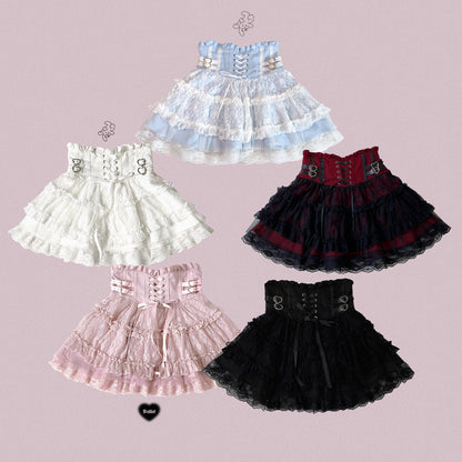 Five different styles of skirts on a light pink background