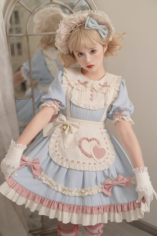 Lolita Pastel Blue Pink Maid Apron Puff Sleeve Princess Dress - Sugarplum Store