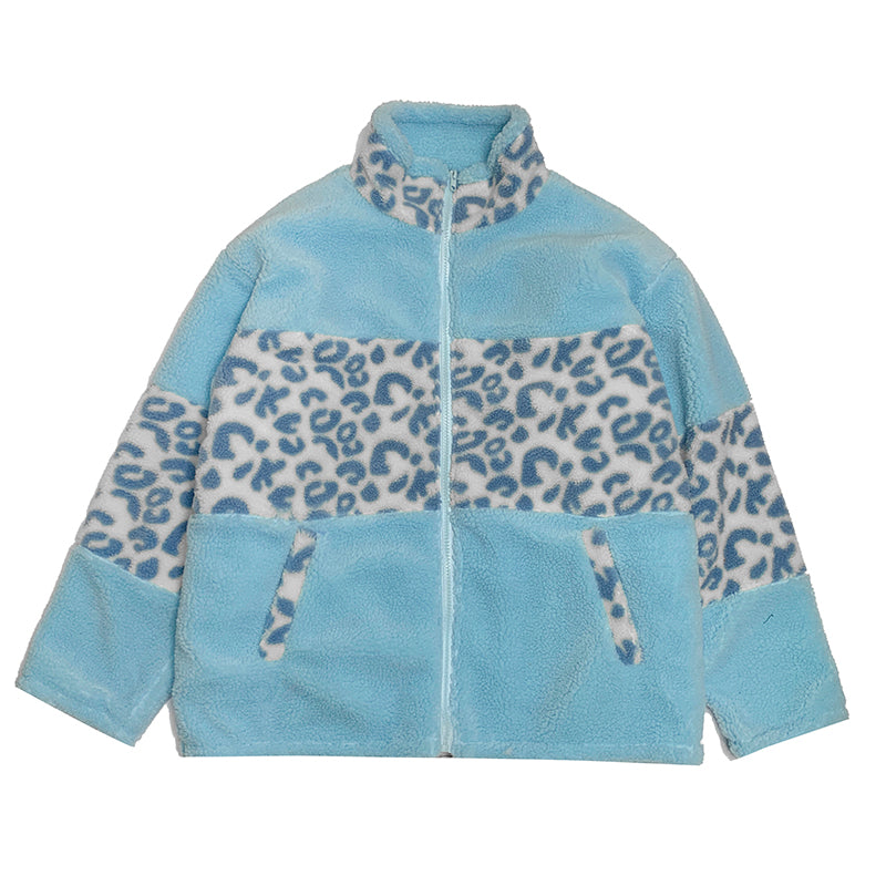 Retro Winter Plush Velvet Leopard Print Pink Blue White Jacket
