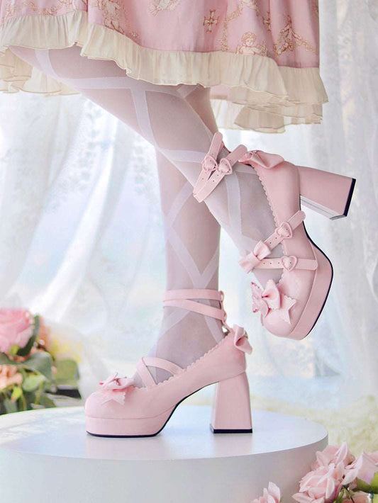 Beauty Bunny Midsummer Heart Knot Princess Blue Pink White Black Red Lolita High Heels Shoes