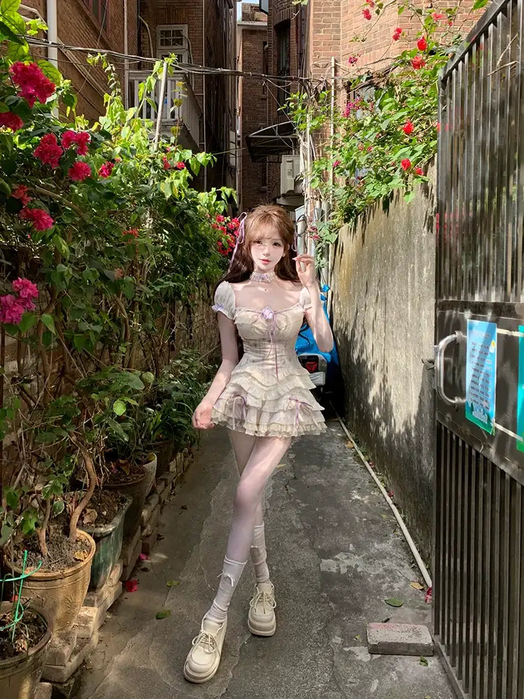 Creamy Cute Purple Puree Cream Top & Skirt Two Piece Set