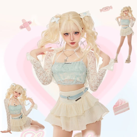Serendipity Mint Toffee Blue Camisole & Sheer Lace Cardigan & Ruffled White Skirt Three Piece Set - Sugarplum Store