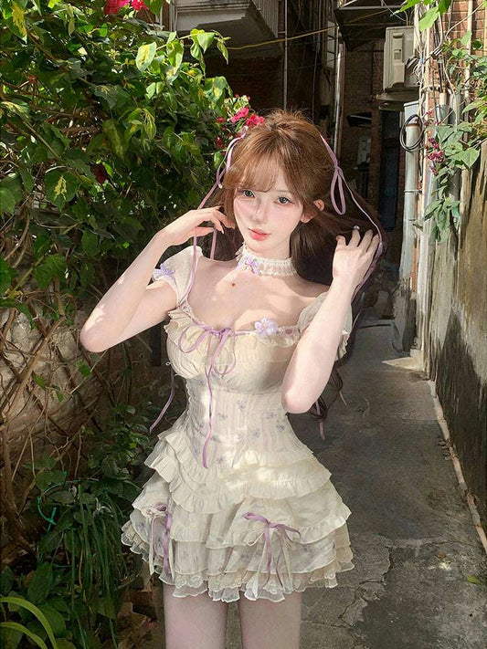 Creamy Cute Purple Puree Cream Top & Skirt Two Piece Set