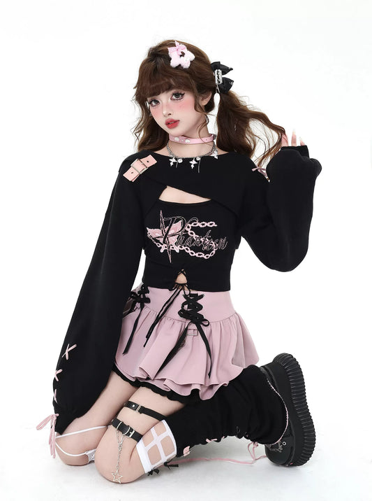 Crazy Girl Love Heart Rate Pink Gray Black Camisole & Shrug Top Two Piece Set - Sugarplum Store